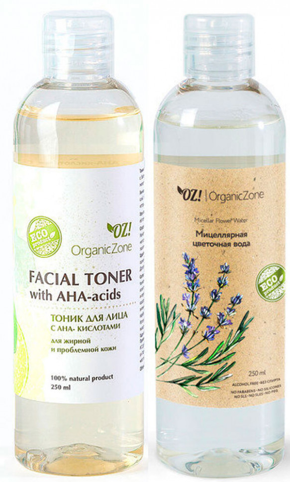 OrganicZone Комплект для жирной кожи: Тоник с AHA-кислотами и Мицеллярная цветочная вода