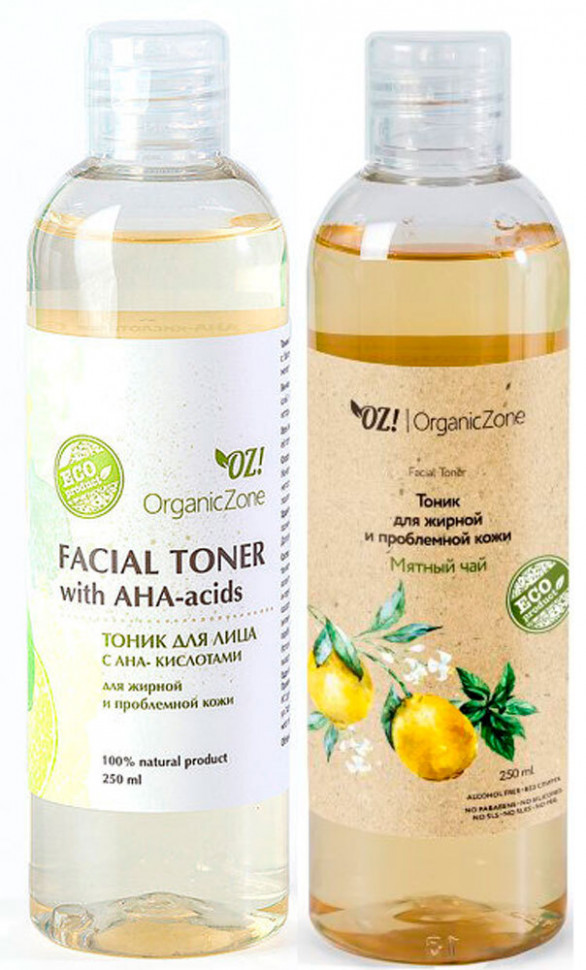 OrganicZone Комплект для жирной кожи: Тоник с AHA-кислотами и Тоник "Мятный чай"