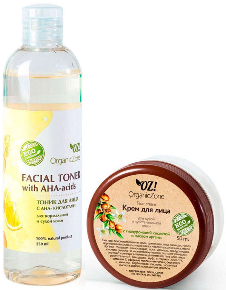 OrganicZone Комплект для сухой кожи: Тоник с AHA и Крем для сухой кожи лица