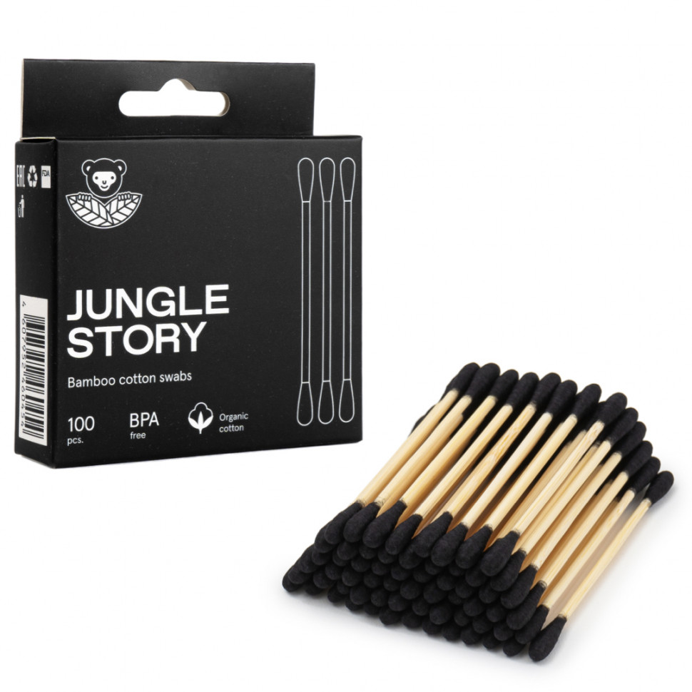 Jungle Story Бамбуковые ватные палочки с органическим хлопком (черные), 100 шт
