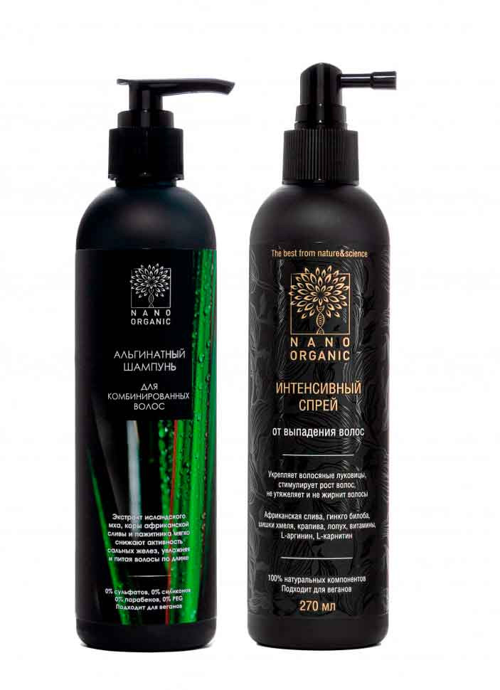 Nano Organic - Комплект для комбинированных волос: Шампунь и Спрей от выпадения