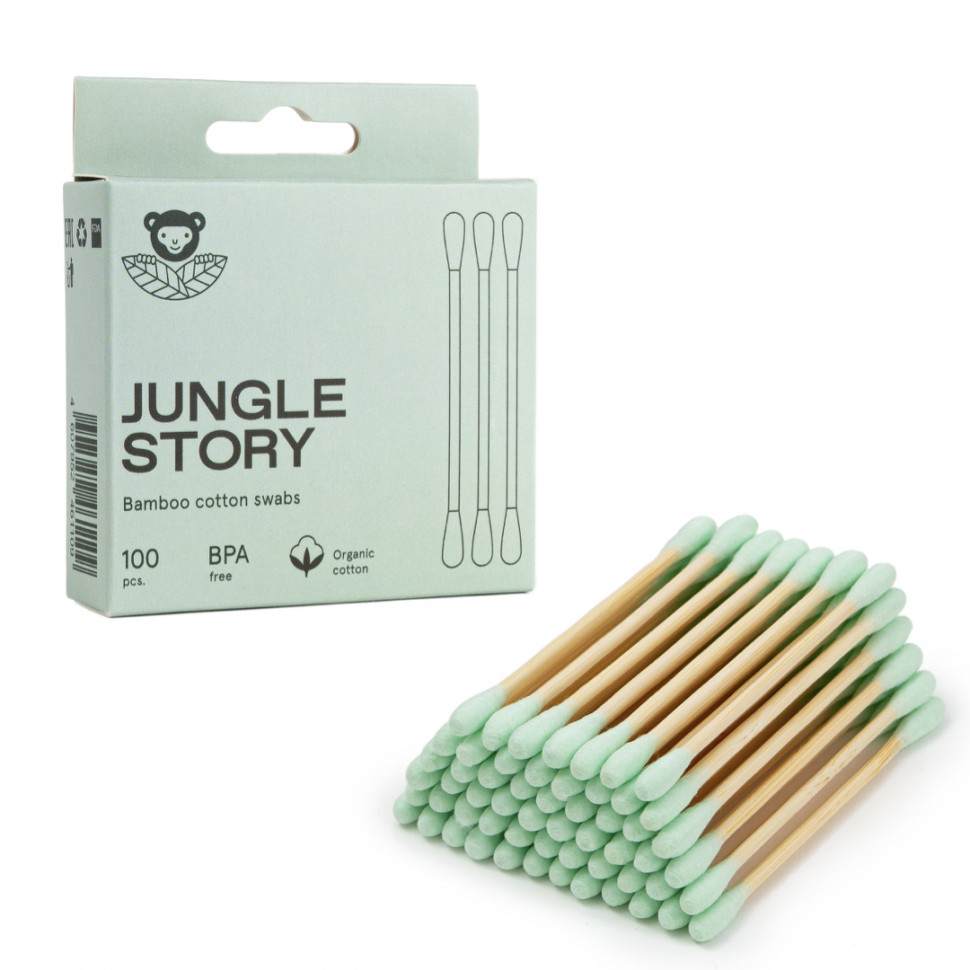Jungle Story Бамбуковые ватные палочки с органическим хлопком (зеленые), 100 шт
